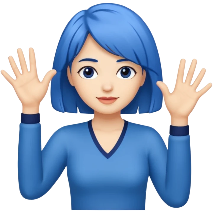Woman with medium length blue hair doing jazz hands emoji