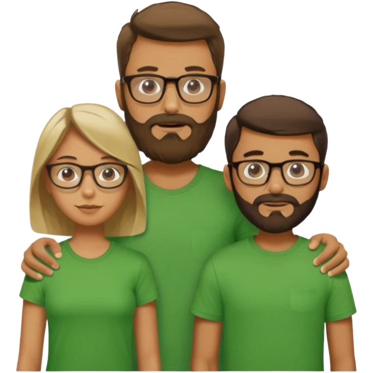 A family consisting of a man who's bearded, tanned, wearing glasses, a woman, slightly tanned, and a 14 year old teenage boy, slightly tanned, wearing a green t-shirt, not everyone is wearing glasses,  emoji