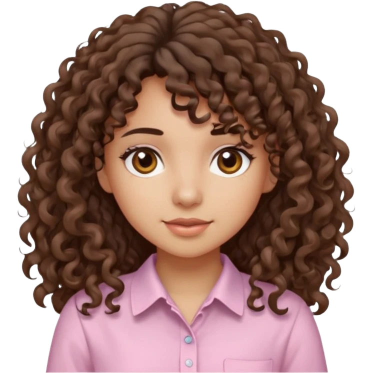 A Latina girl with brown eyes and long loose curly hair with curly bangs with a light pink shirt emoji