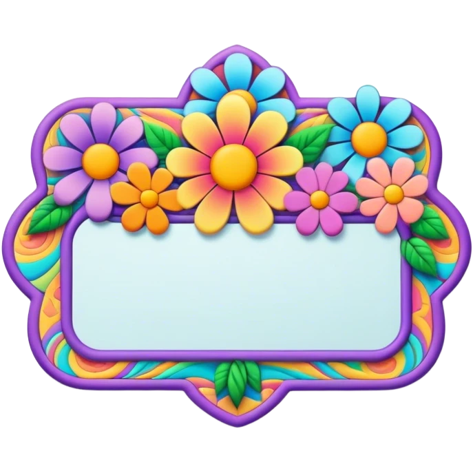 3D, psychedelic colored name tag with hippie style flower border emoji