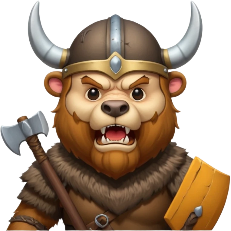 Viking Bear wearing horned helmet growling. holding axe emoji