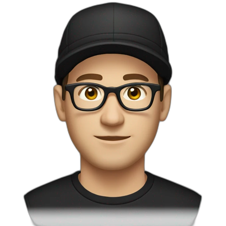 Caucasian man, with a black cap, glasses, and black t-shirt with a drum emoji