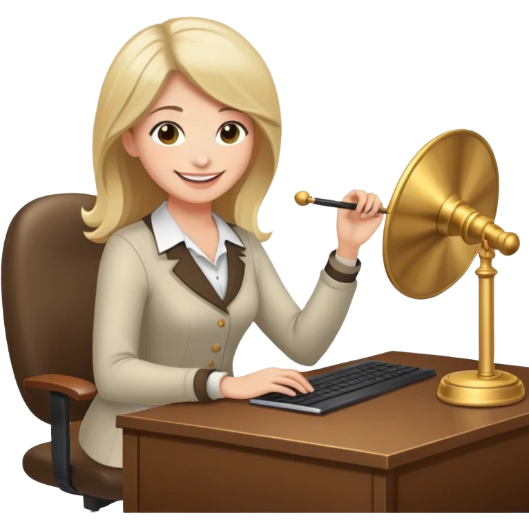 Woman on her computer at a desk with a mini gong on the desk  emoji