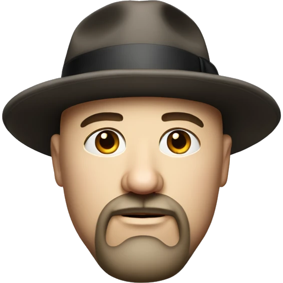 Photorealistic serious A plump bald man of Slavic appearance with a goatee beard and mustache, wearing a fedora hat emoji