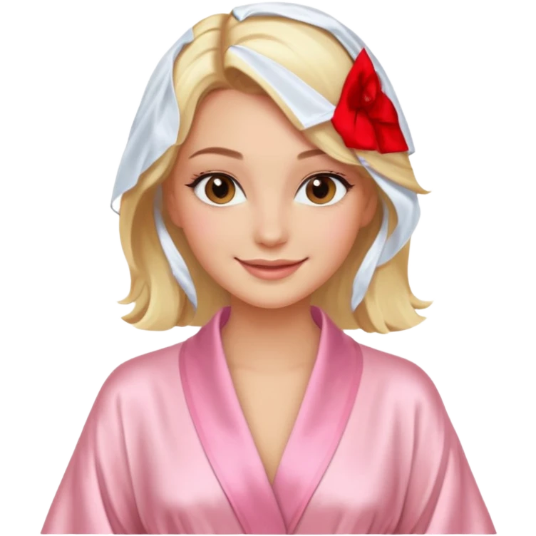 blonde model with brown eyes, luxury makeup, light pink silk robe, smiling emoji