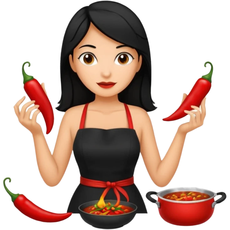 black short shoulder length hair tanned woman, black dress cooking, holding chili pepper emoji