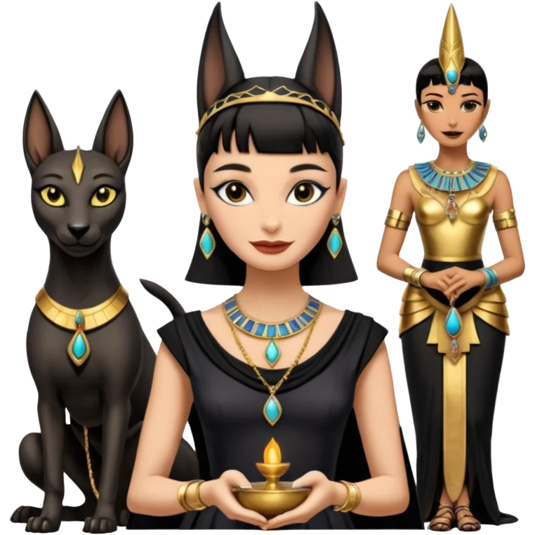 Smiling Witchy-mannered smoky-evil-eyed real Audrey Hepburn cleopatra Anubis conjuring evil Protecting silky black-haired tiny chained-adorned statuette-scale dessert scenery stone-age cracked ancient antique  emoji