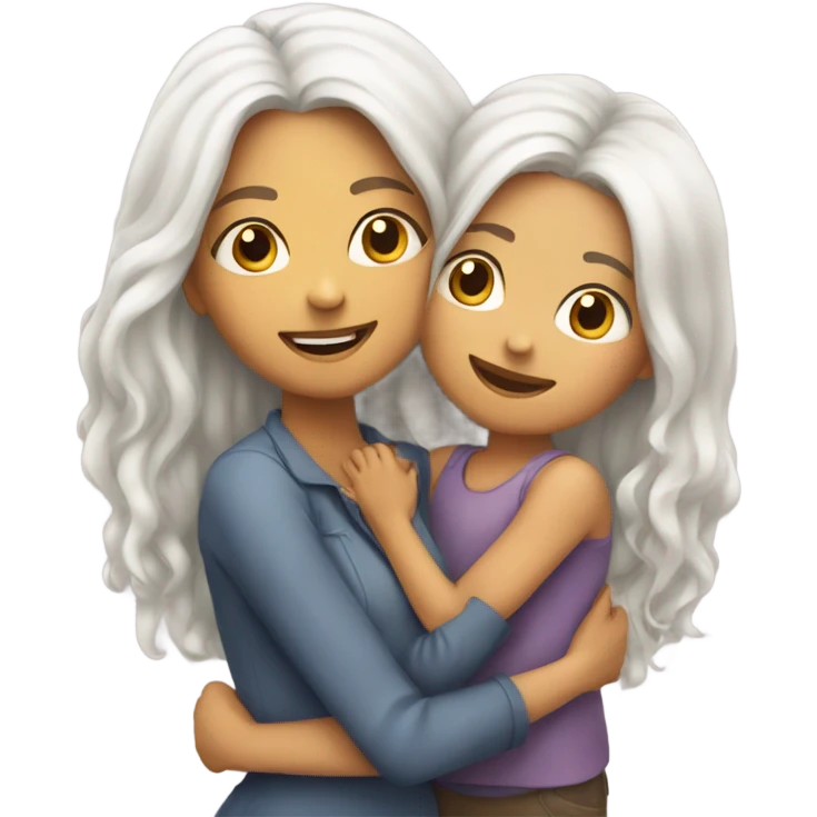 mum with straight long White hair and daughter with long curly brown hair hugging emoji