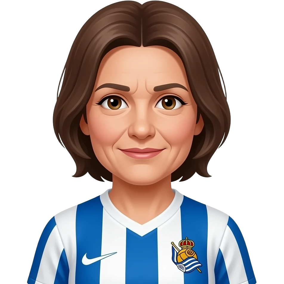 hazme uno igual de una chica de 50 años con pelo moreno un poco canoso y melena corta. con la camiseta de la real sociedad. y con alguna arrugita, solo alguna. la raya del pelo en el centro. emoji