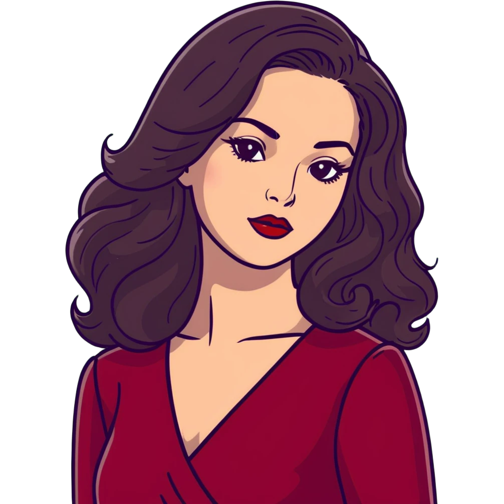 High-profile artistic woman with radiant complexion, long voluminous dark hair with soft waves, large almond eyes with bold eyeliner, defined brows, glamorous red lipstick, wearing sophisticated wine red velvet dress with V-neckline, elegant confident expression emoji