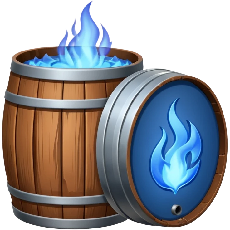 generate a realistic rust-free metal barrel with blue fire on it emoji