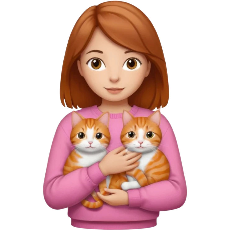 Brown hair girl holding an orange tabby cat, wearing a pink sweater. emoji