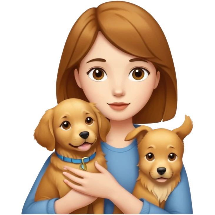 A beautiful short brown-haired girl holding a golden retriever emoji