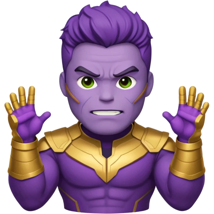 Cute emoji icon of Choi Seung-hyun T.O.P as Thanos, purple skin, strong jaw, confident mischievous, Player 230 green tracksuit with number, simplified Infinity Gauntlet, minimalistic, bold lines, bright colors emoji