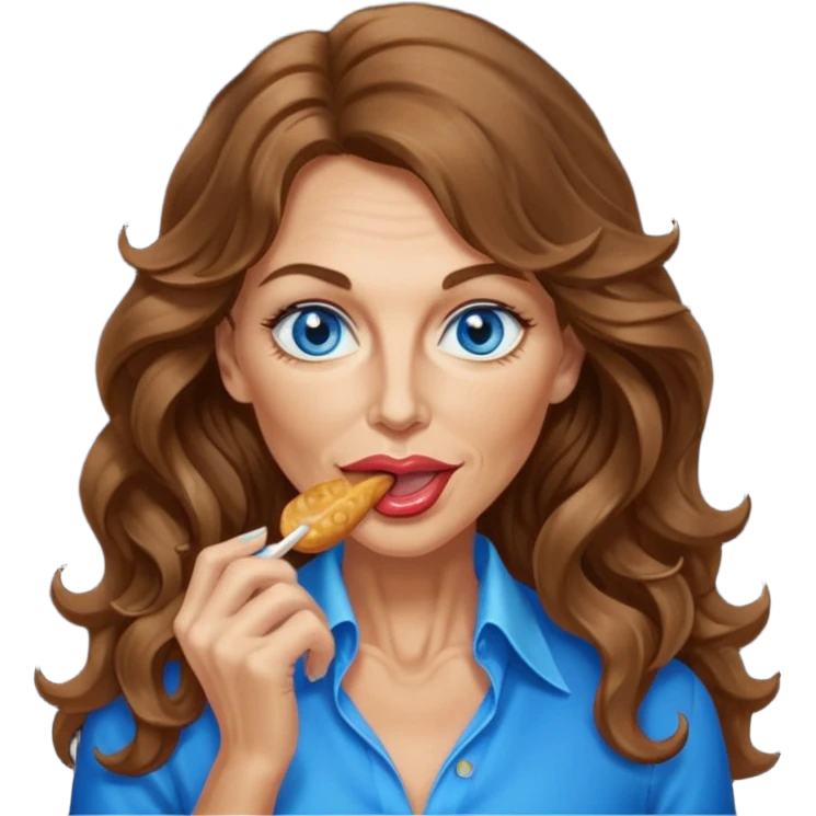 Extra Long wavy hair, brown hair, blue eyes Caucasian, age 50, sexy clothes, boobies, licking emoji