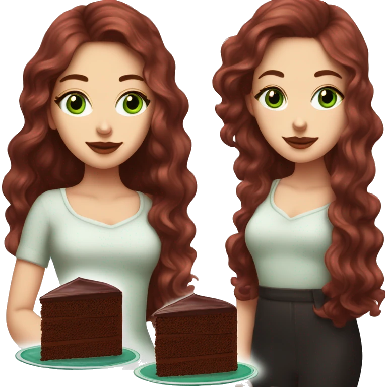 a white girl with dark red burgundy wavy hair and black eyeliner and green eyeseating a huge piece of chocolate cake  emoji