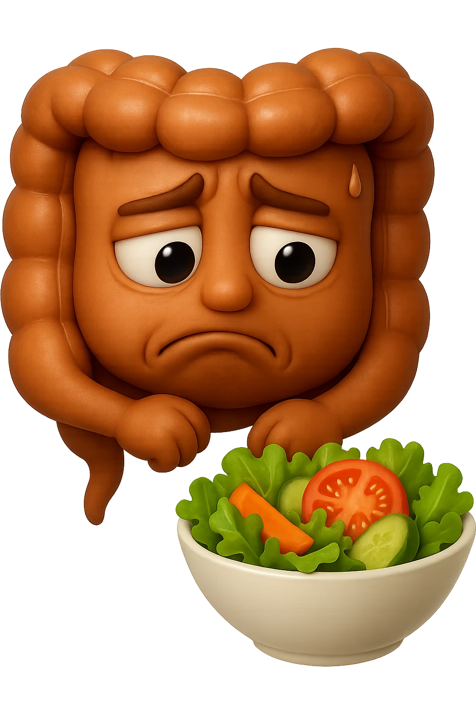 EMOJI STILE IPHONE DI UN INTESTINO UMANO ANATOMICO CHE GUARDA UN INSALATA CON ESPRESSIONE TRISTE E RASSEGNATA IN VOLTO: SOFFRE LA FAME PERCHé è A DIETA, FAGLI ANCHE LA PARTE BIANCA DEGLI OCCHI, NON SOLO LE PUPILLE, IPERREALISTICO 4K emoji