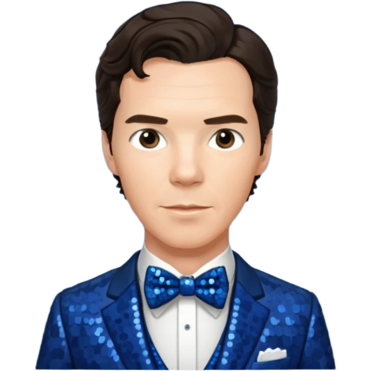 Benedict Cumberbatch with dark brown hair, indigo sequin suit with bow tie emoji