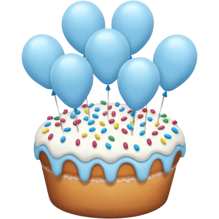 Please make some balloons that are light blue, and place a small cake underneath them. Make the balloons long and make more balloons. emoji