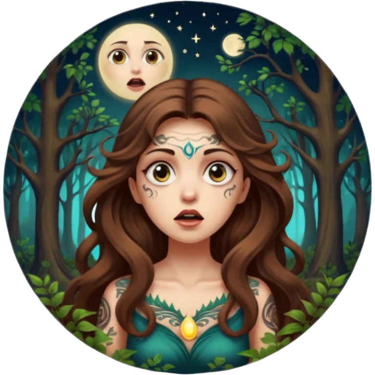 shocked forest mystic woman long wavy brown hair tattoos wide eyes moon glow emoji
