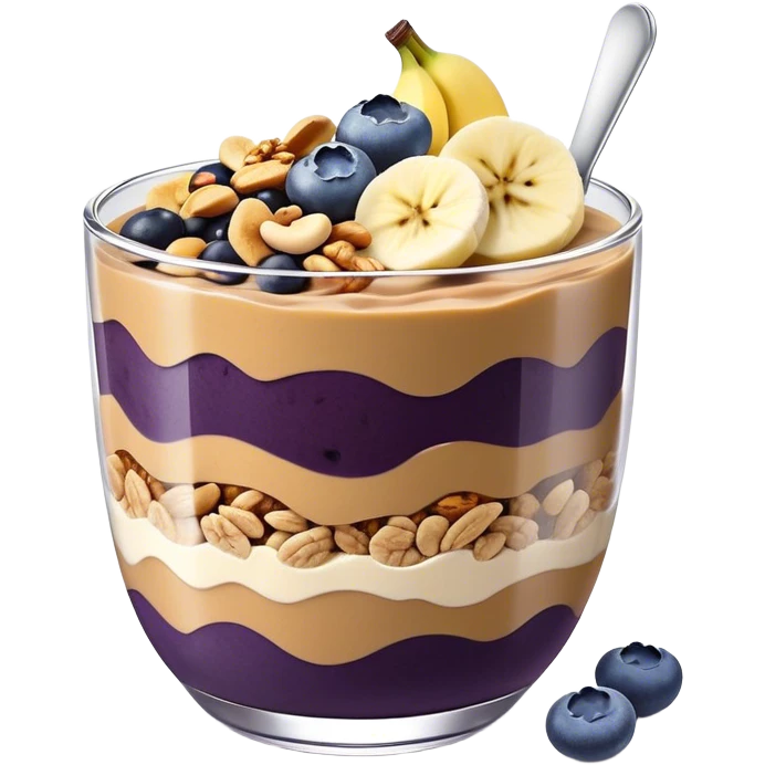 Açai bowl in a clear cup with layers of peanut butter, cashew nuts, granola, condensed milk and banana sliced and blueberrys on top emoji