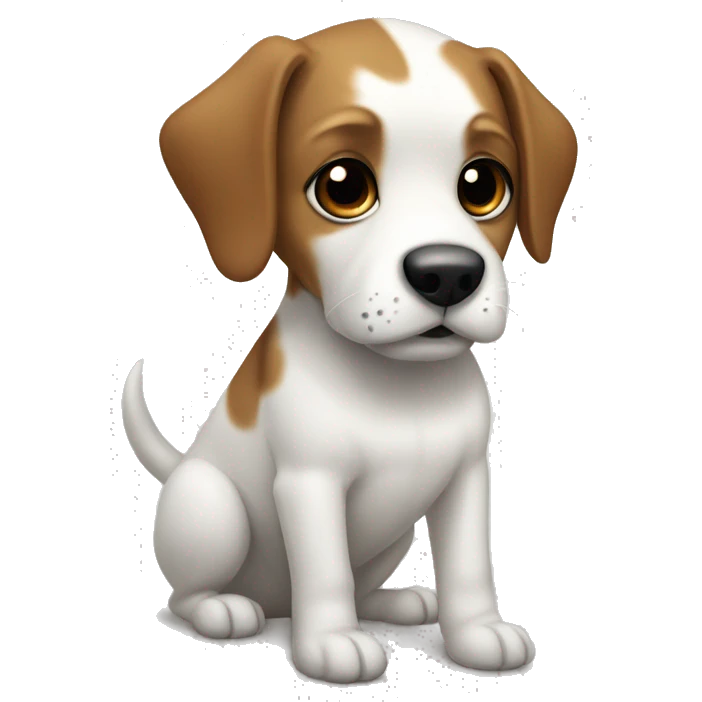 a dog with a black-brown muzzle, completely white paws and body, and a small black spot on the left side of the body emoji