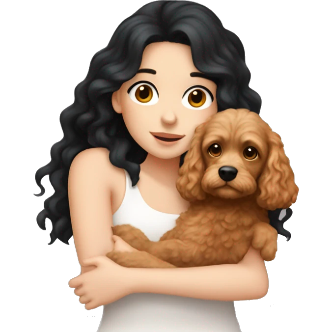 White skinned european girl with long black hair cuddling with an apricot coloured cockapoo emoji