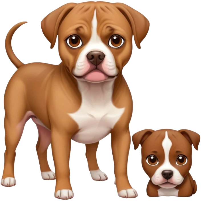 small brown puggle dog with large brown and white pitbull  emoji