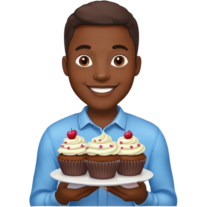 Cartoon of a very large smiling African American man holding cupcakes emoji