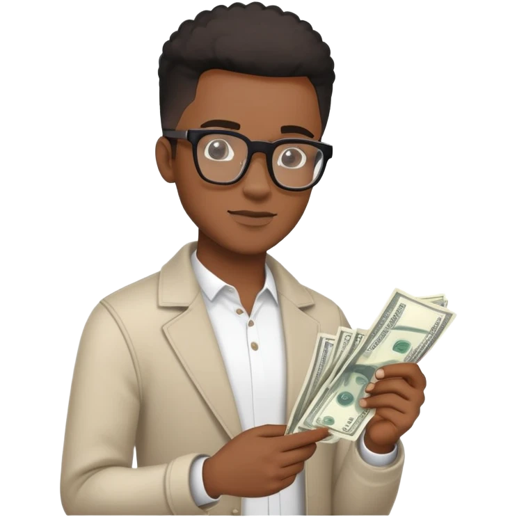  Venture capital. Young black man with stylish glasses a fade, in casual clothes and a term sheet and money emoji