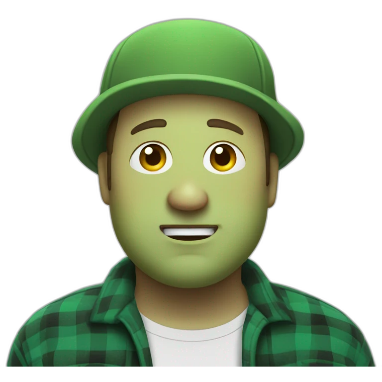 Kevin James wearing a green flannel and shrugging smirking while looking into the camera emoji