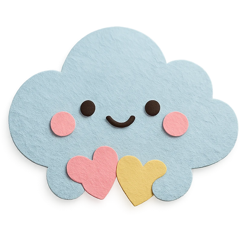 cute puffy cloud holding tiny pastel hearts, soft pastel palette, no arms or legs, full body, paper craft style emoji