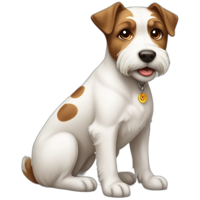 white and brown terrier dog sitting down with his left ear being brown and right ear as white with brown spots emoji
