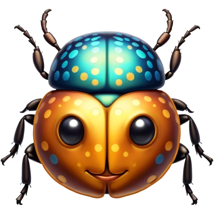 Cinematic Cute Beetle Portrait Emoji, Head tilted playfully and inquisitively, featuring a diminutive, charming body with a glossy, intricately patterned shell and round, sparkling eyes full of endearing wonder, Simplified yet irresistibly adorable features, highly detailed, glowing with a warm, inviting metallic glow, high shine, affectionate and lively, stylized with a touch of whimsical insect elegance, soft glowing outline, capturing the essence of a mischievous beetle that seems as if it could scuttle out of the screen into your arms! emoji