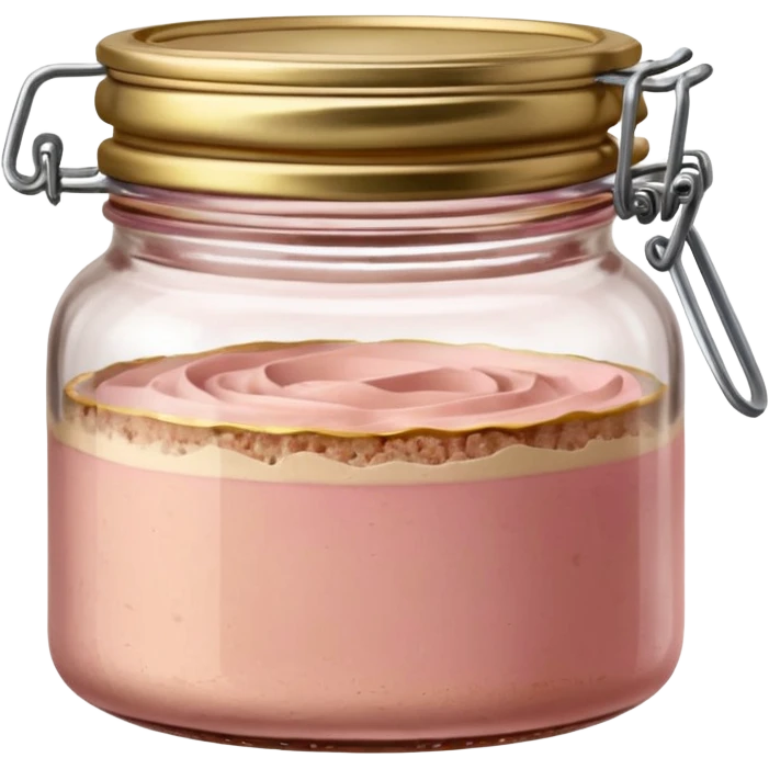 small glass jar filled with coarse beige to light pink pâté, smooth slightly uneven surface, metal lid, visible layers of texture through transparent glass, fine fat cap on top, no label, no garnish, no bread, sealed jar, soft lighting, subtle shadows, emoji scale emoji