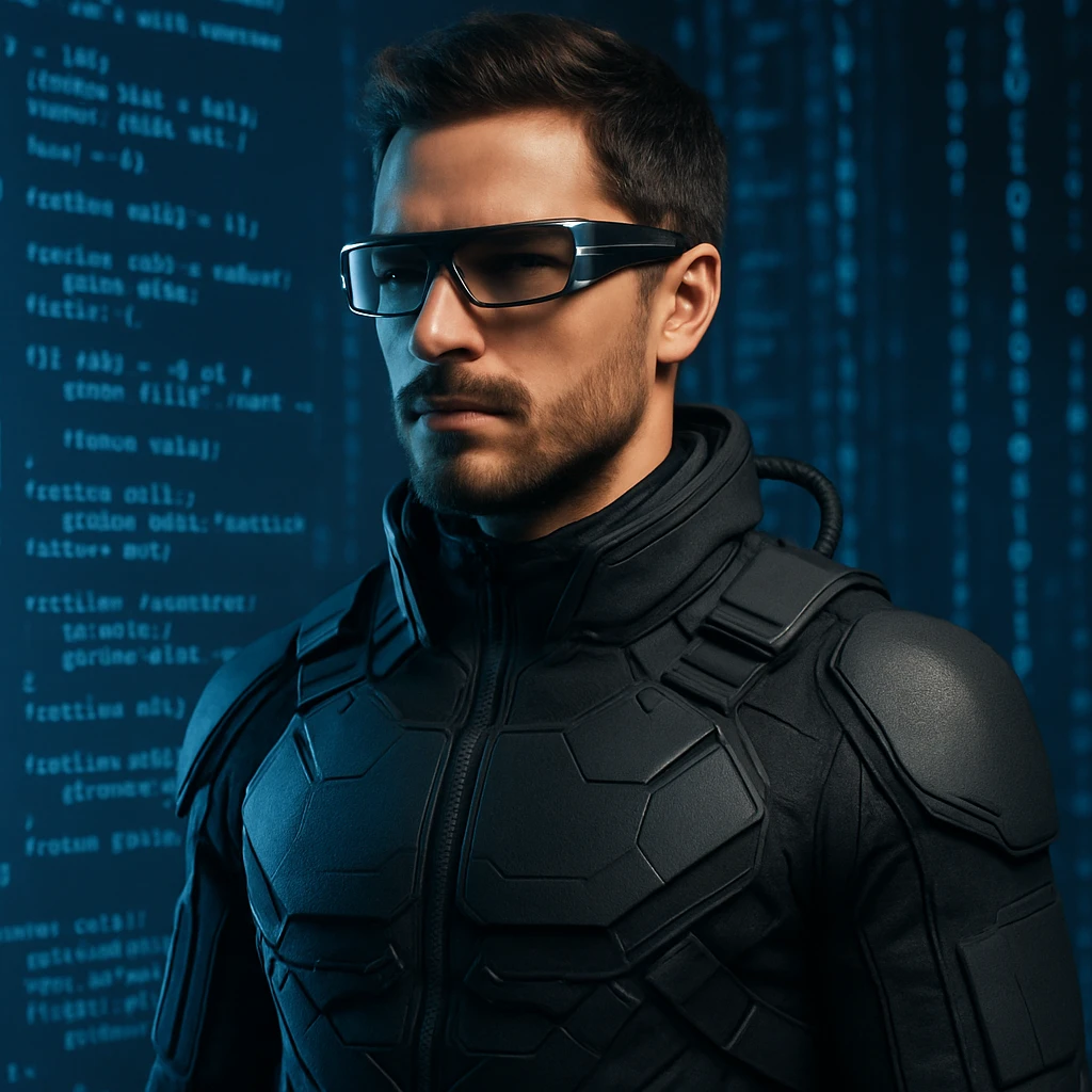 a male AI technology expert wearing futuristic tech clothing and smart glasses, with a background featuring digital code elements, strong modern vibe emoji