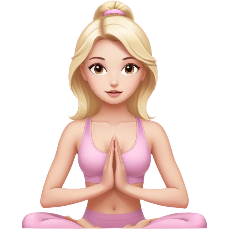 Aesthetic blonde model with brown eyes, luxury makeup, light pink yoga outfit emoji