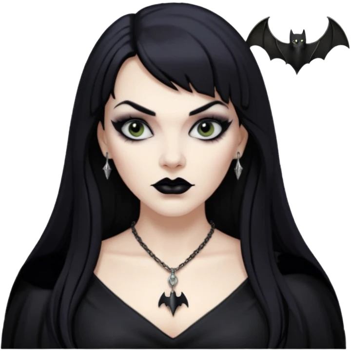 vampira mulher branca com cabelo preto longo com franja acima da sobrancelha e lábios com batom preto com colar preto e pingente de morcego preto emoji