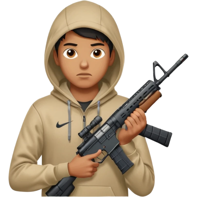 
Fais moi un jeune taliban qui ressemble qui tient une AR15 avec un hoodie a capuche, capuché, avec la cagoule nike therma fit hood emoji