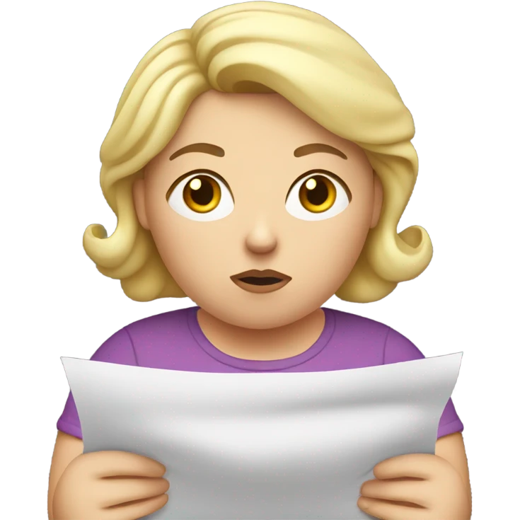 overweight blondie woman with doubts reading a paper in their hands emoji
