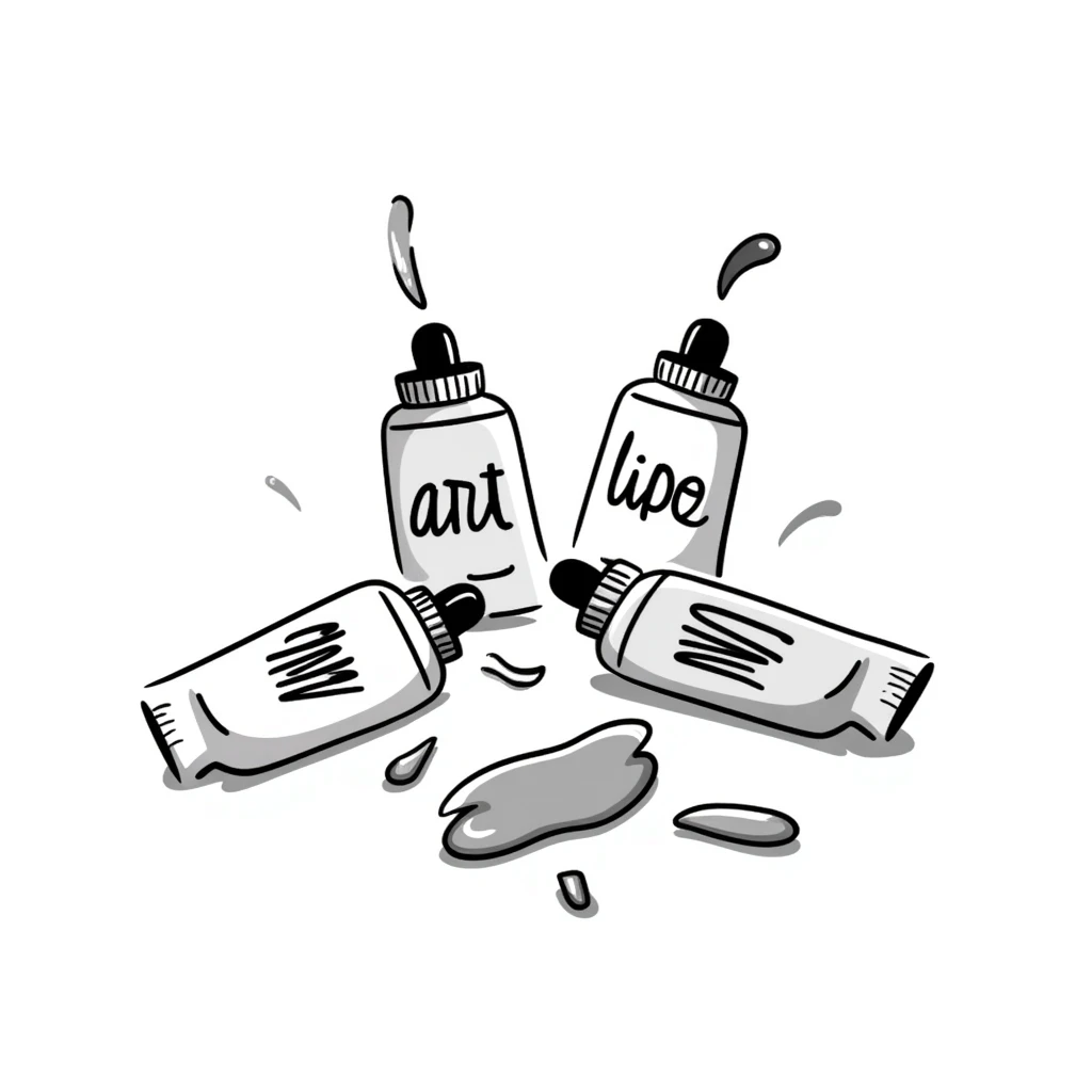 Art paint tubes with different colors squeezed out in pastel colors (dd9fb0, ffc6d3, a3bfc9, c4bee2, f1b091), hand-drawn doodle style emoji