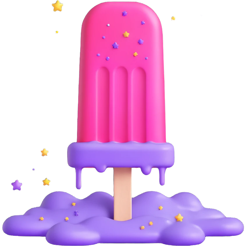 A 3D iOS style emoji of a melting popsicle with a pink and purple color scheme, surrounded by stars and sparkles. emoji