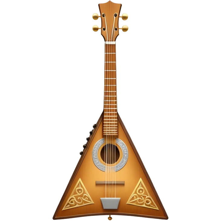Create a refined and detailed emoji representing the 3-stringed Doff BCM balalaika. The design should feature the classic triangular shape of the balalaika, highlighting its smooth wooden body and high-quality finish. The three strings should be clearly visible, and the tuning pegs should reflect the craftsmanship of the instrument. Add subtle musical notes around the instrument to emphasize its melodic sound. Use rich wood tones, gold accents, and silver details to reflect the professional quality and elegance of the Doff BCM balalaika. The background should be transparent. emoji