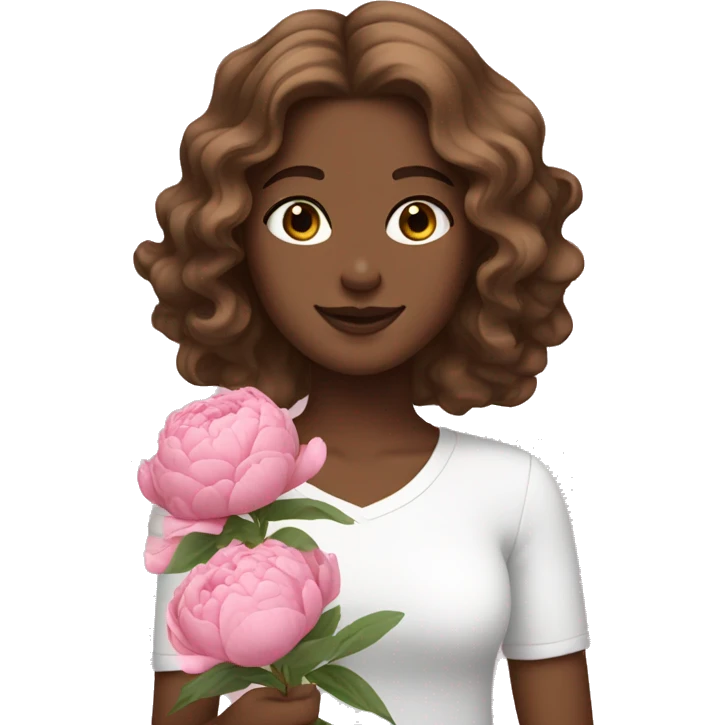 white girl with brown wavy hair holding pink peonies  emoji