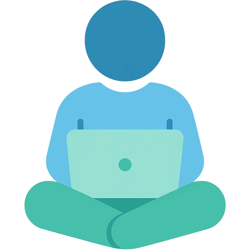 Person sitting with a laptop, flat emoji style, outline with blue and turquoise colors emoji