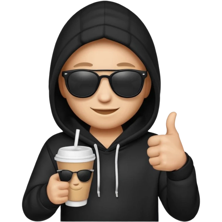 emoji di Gesù con felpa nera, sulla felpa in bianco scrivi "SKUIRTER" con occhiali da sole un pollice in su e in una mano un bicchiere di carta
 emoji