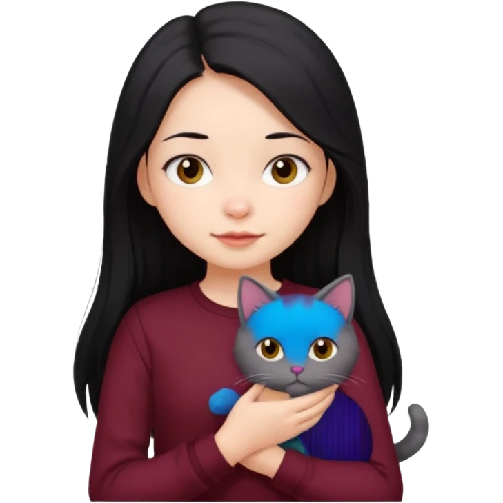 cute girl with long black hair, maroon shirt, holding a cat emoji