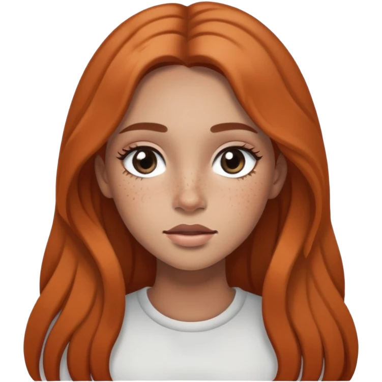 girl with long hair, black eyes, soft makeup, and freckles across her face emoji