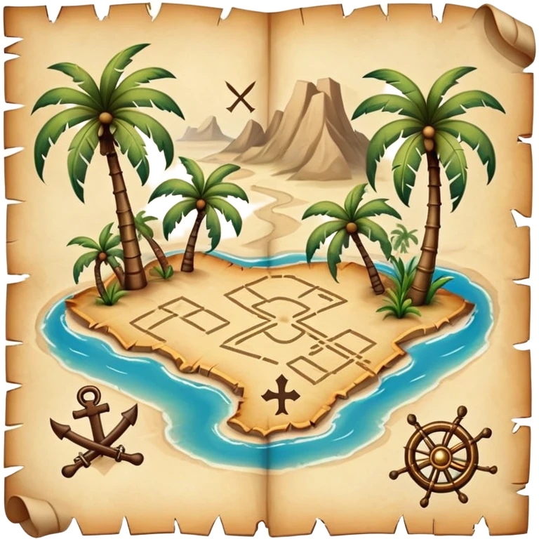 A detailed pirate treasure map with dotted paths, palm trees, and X marks the spot emoji