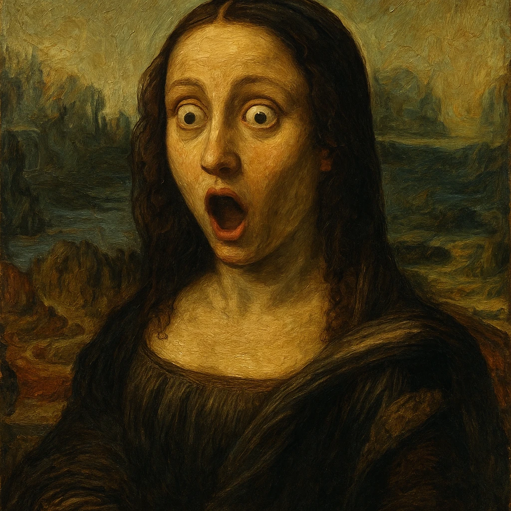 Mona Lisa in an oil painting style, surprised and wide-eyed expression, rich textures and brushstrokes emoji